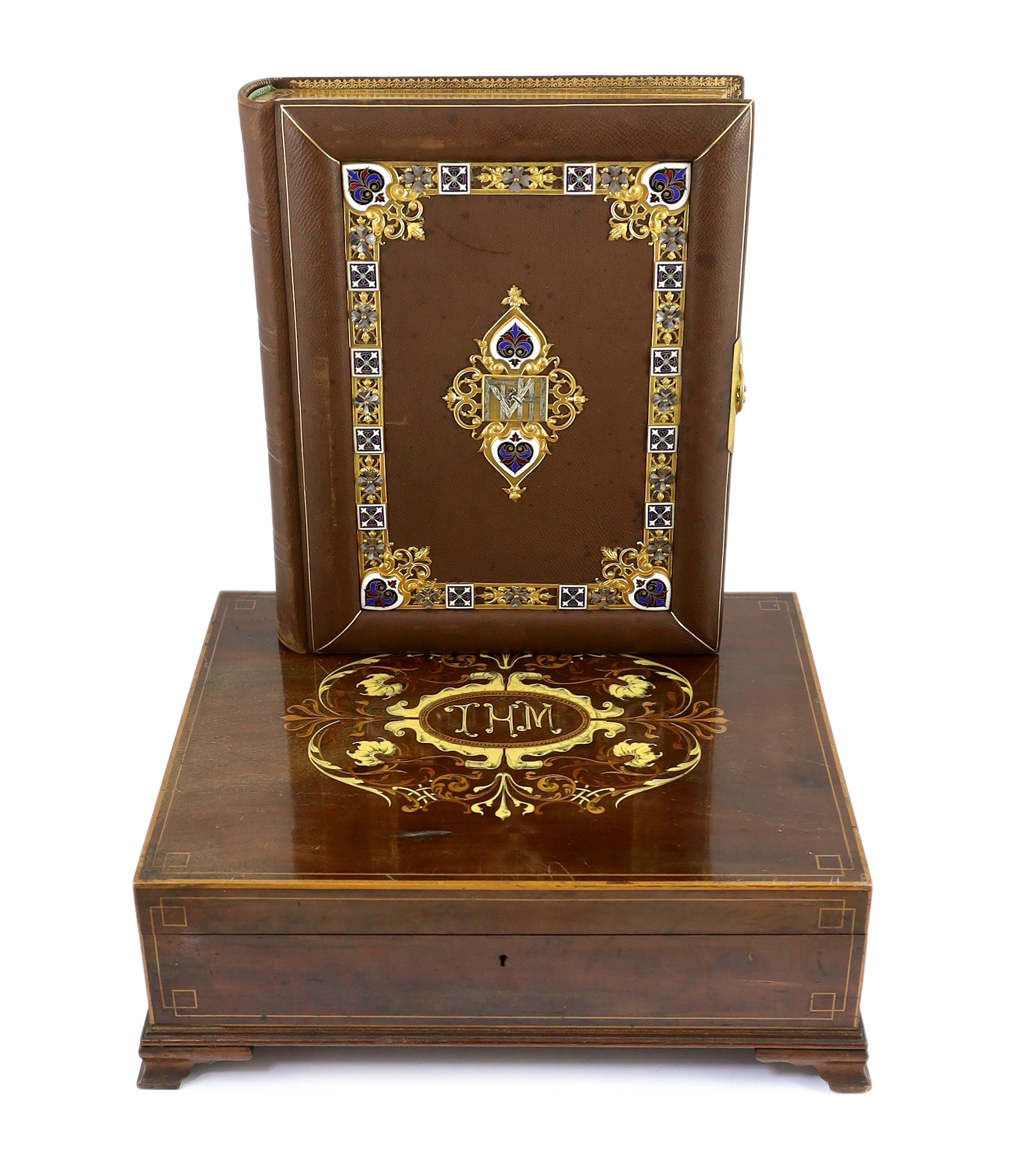 An ornate Victorian boxed presentation photograph album, casket 44cm wide, 37cm deep, 15cm high